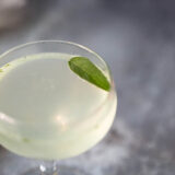 sage gimlet mocktail in a coupe glass up close