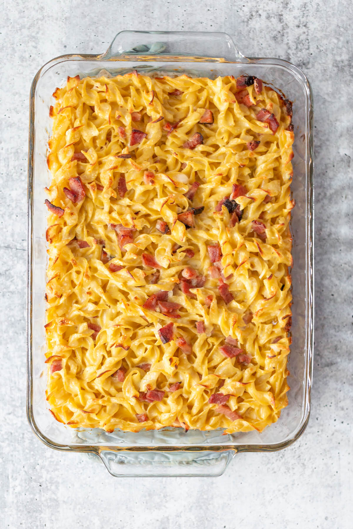 ham and noodle casserole in a dish