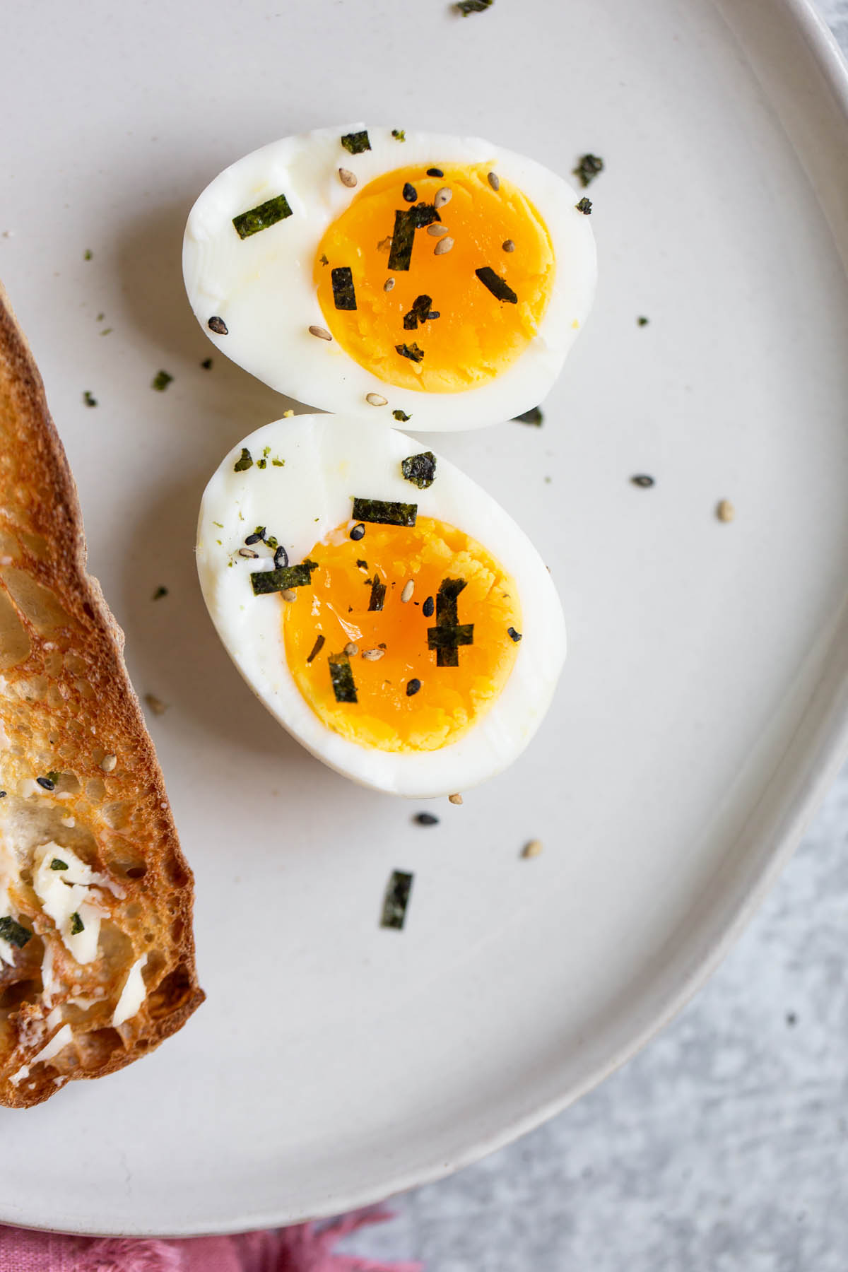 jammy eggs on a plate
