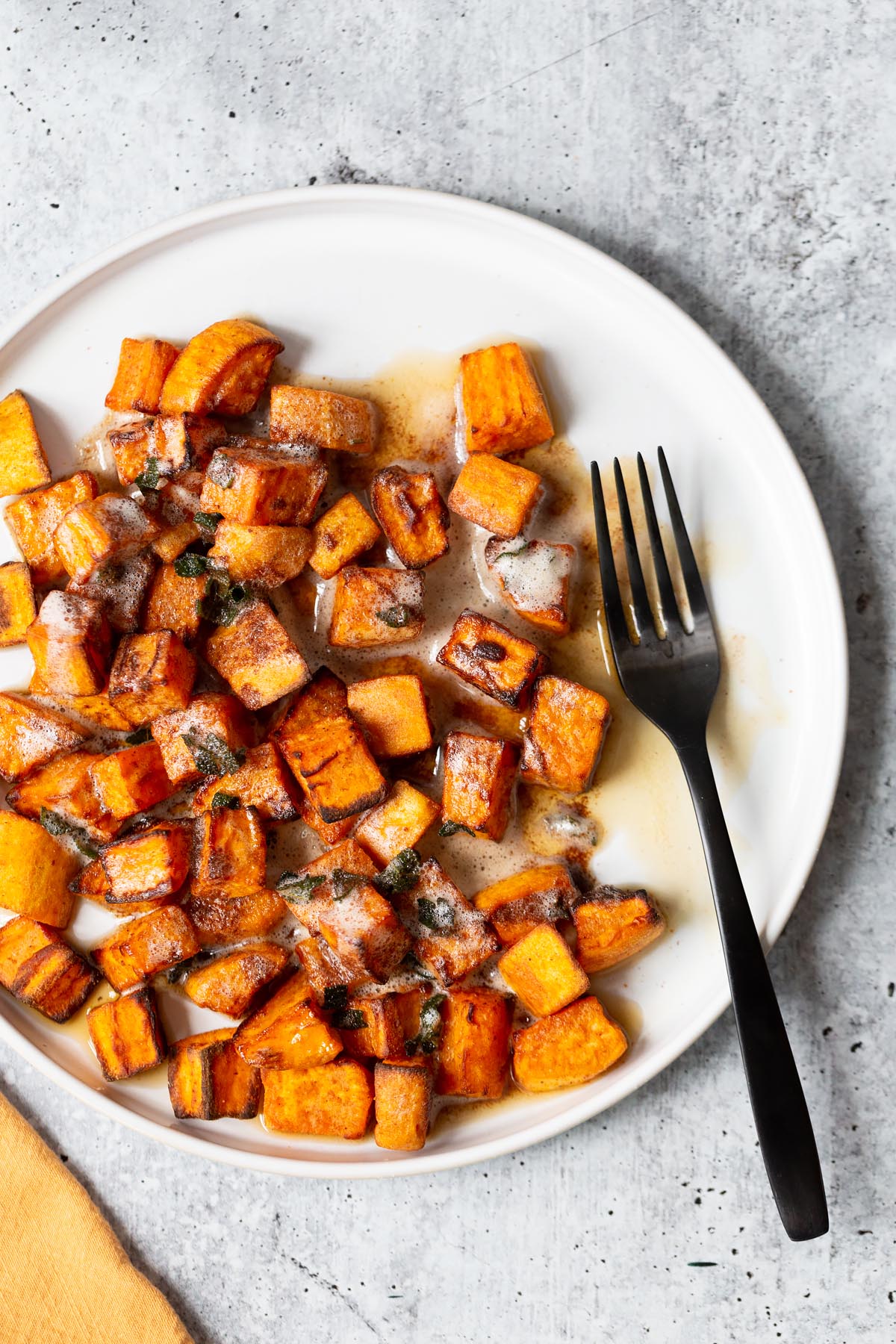 air fryer sweet potatoes with a brown butter and sage sauce