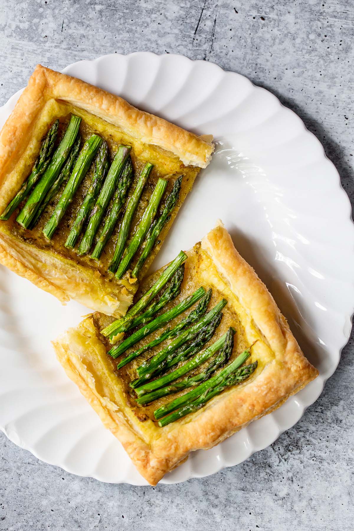 puff pastry asparagus tart on a plate