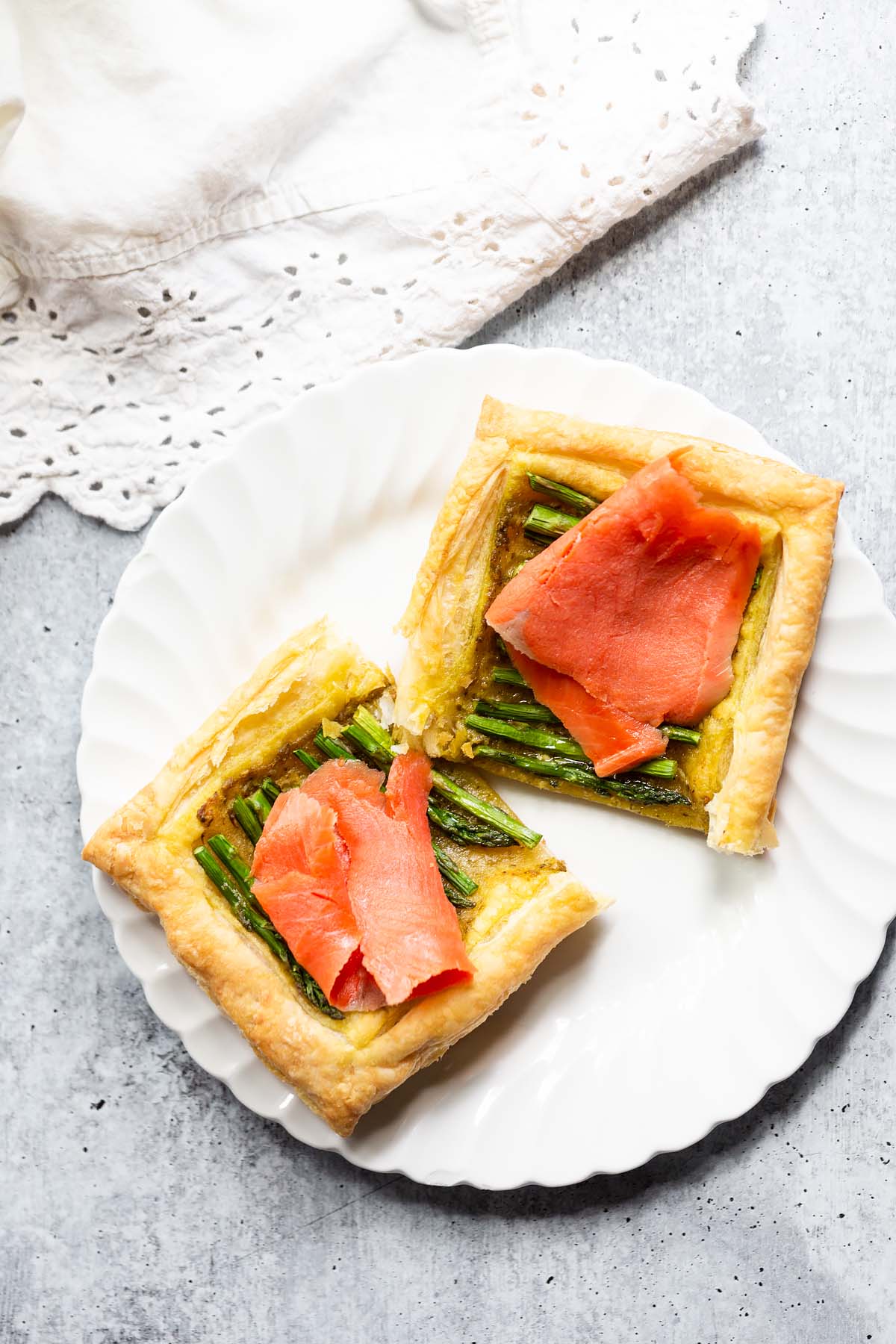 asparagus and smoked salmon tart made with puff pastry