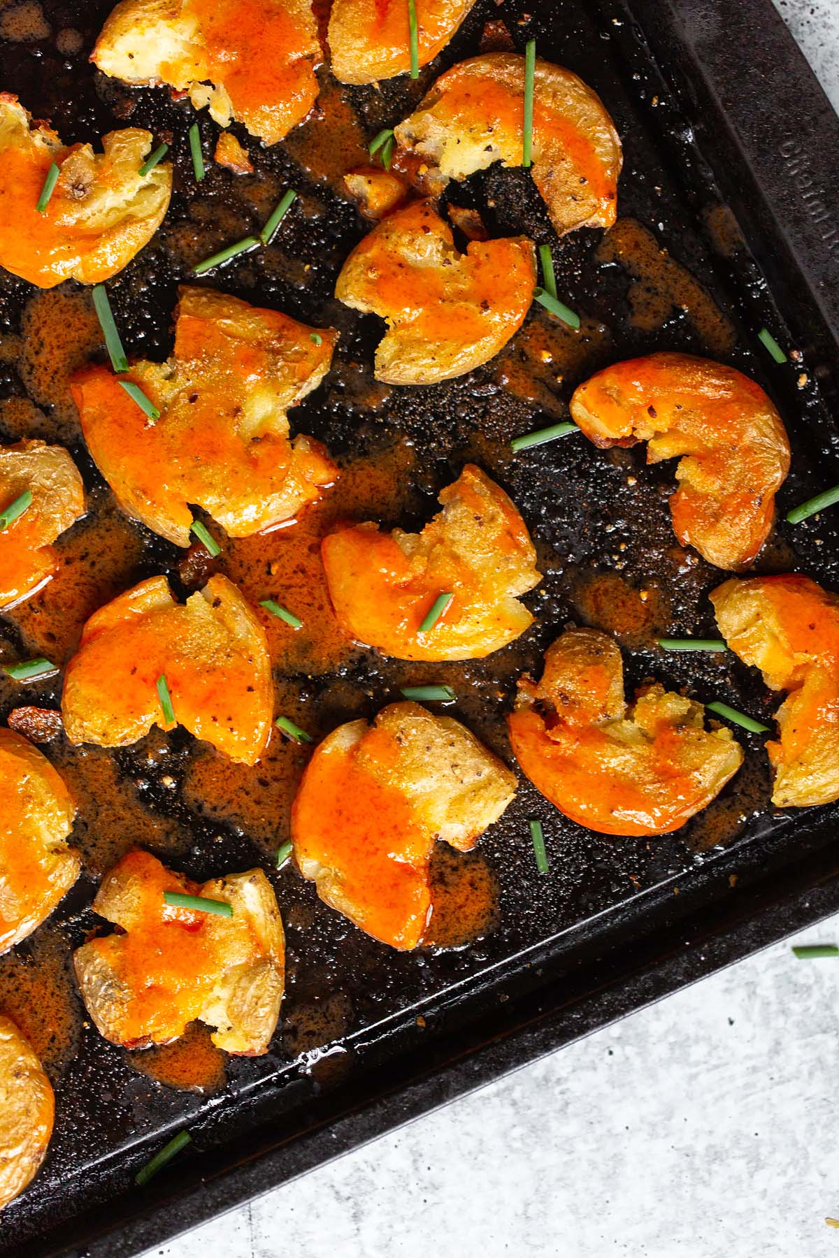 smashed potatoes with buffalo sauce