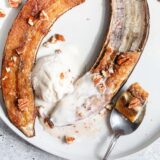 caramelized banana sliced in half from the top down