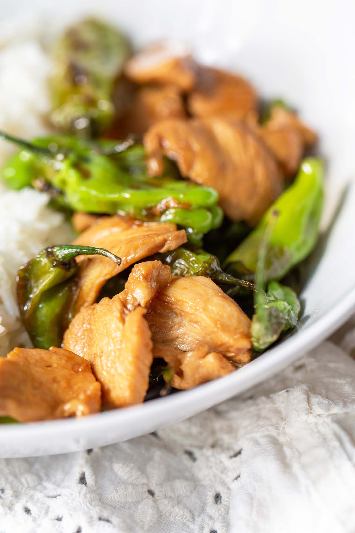 chicken and shishito peppers up close in a pow