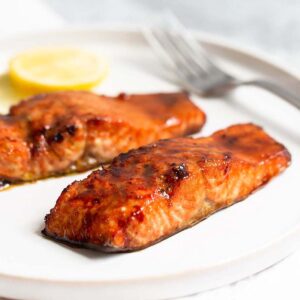 Air fryer honey garlic salmon on a plate