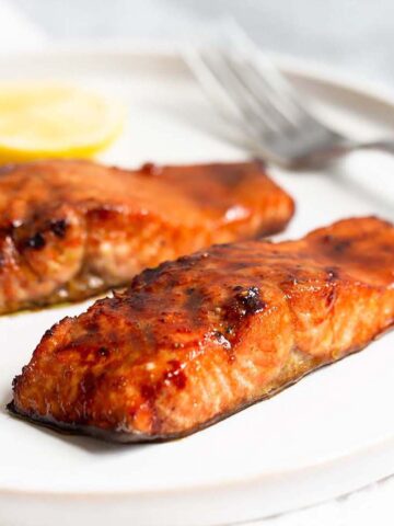 Air fryer honey garlic salmon on a plate