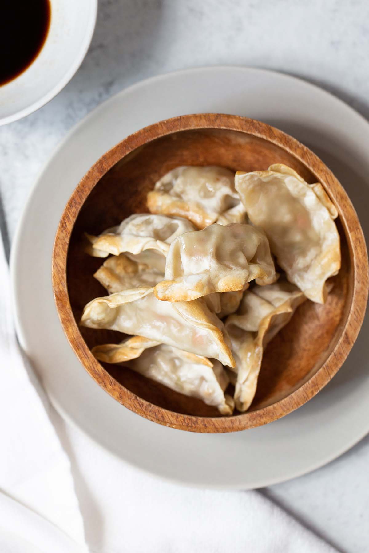 dumplings in a bowl from top down