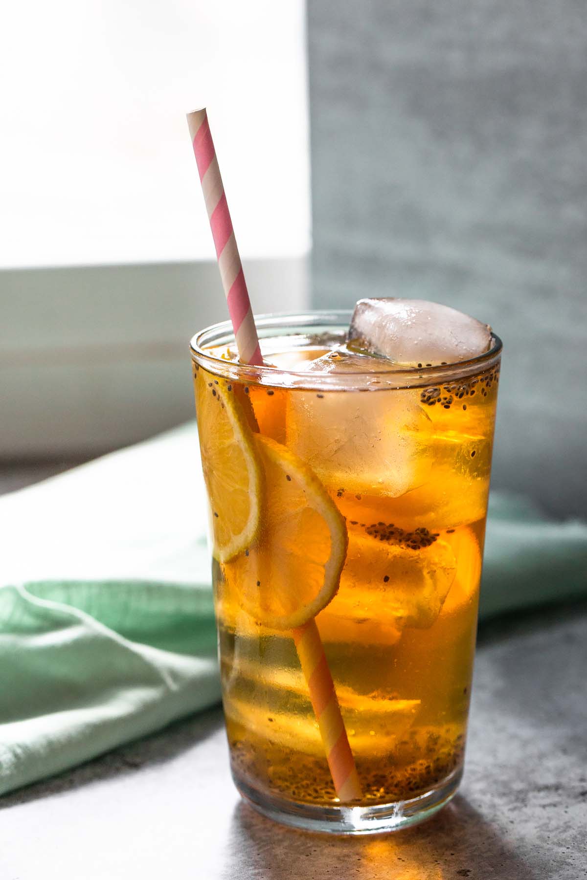 chia seed iced tea backlit