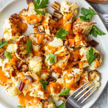 roasted cauliflower topped with harissa sauce