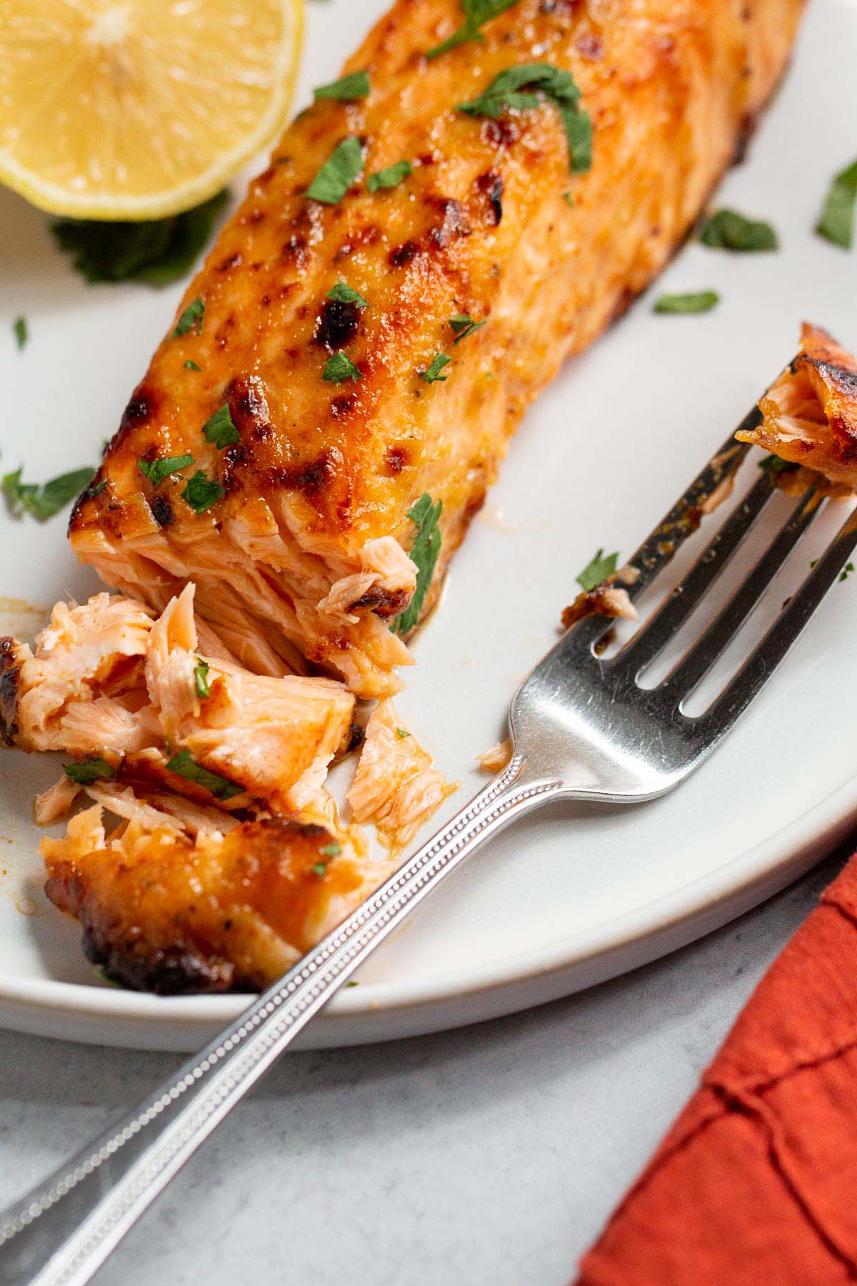 Air fryer honey mustard salmon up close.