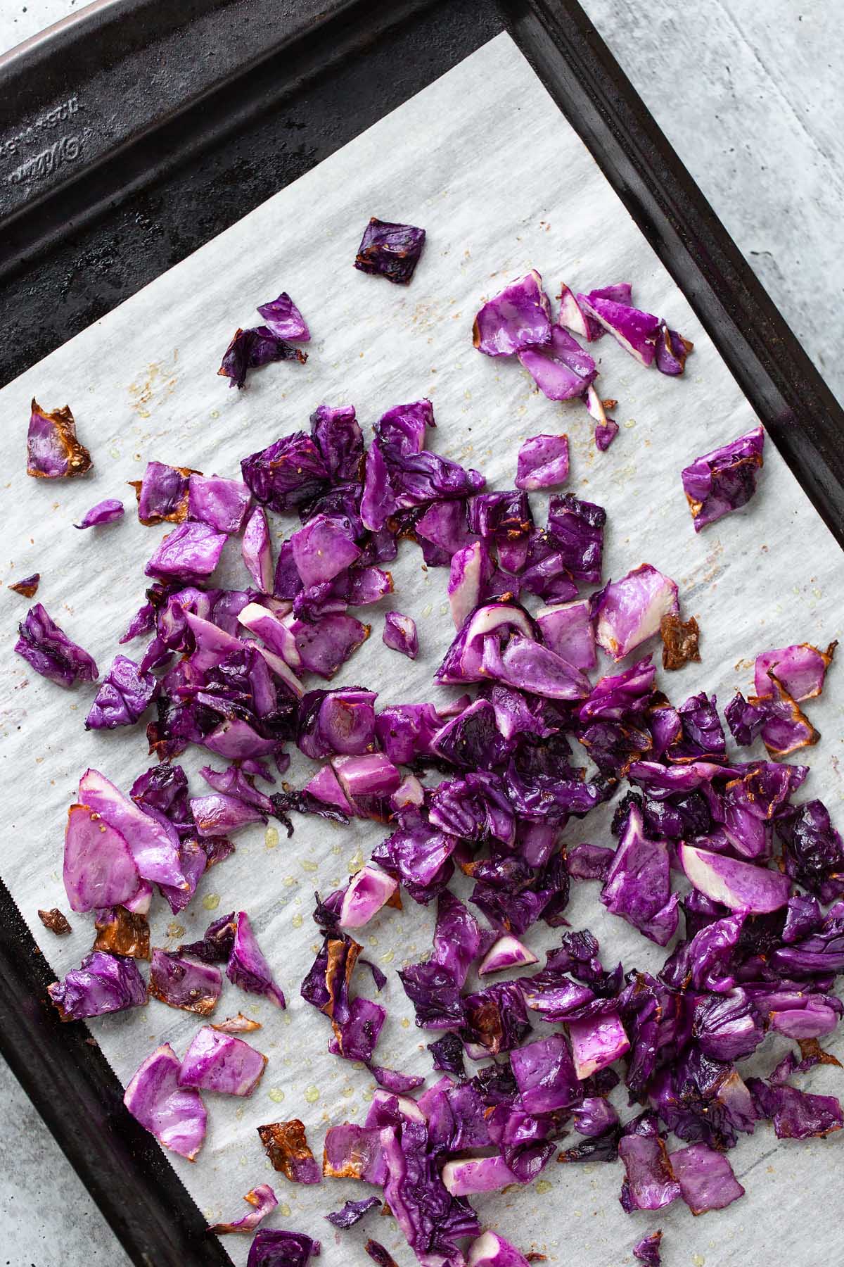 cooked red cabbage on a baking sheet