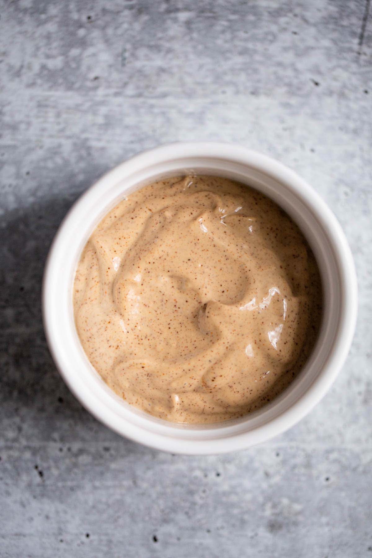 chipotle mayo in a bowl from above.