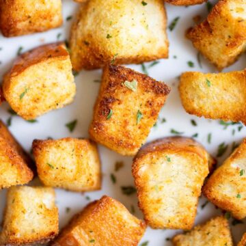 Garlic croutons up close.