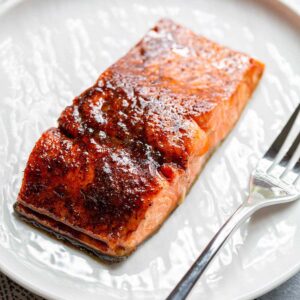 air fryer brown sugar salmon on a white plate