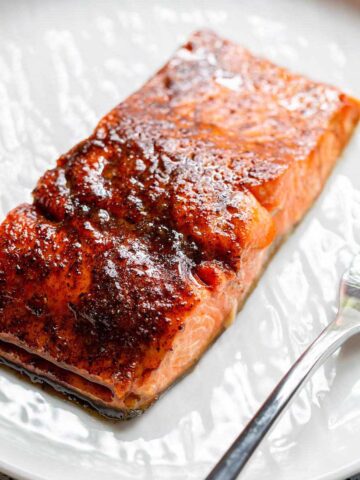 air fryer brown sugar salmon on a white plate