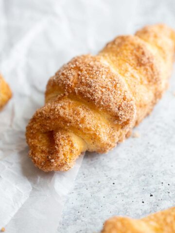 Cinnamon sugar croissant up close.