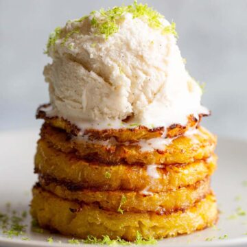 Air Fryer Pineapple with ice cream and lime zest.