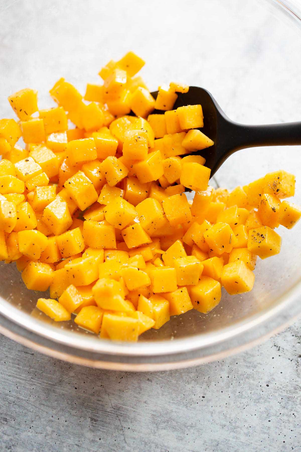 Butternut squash cubes in a bowl