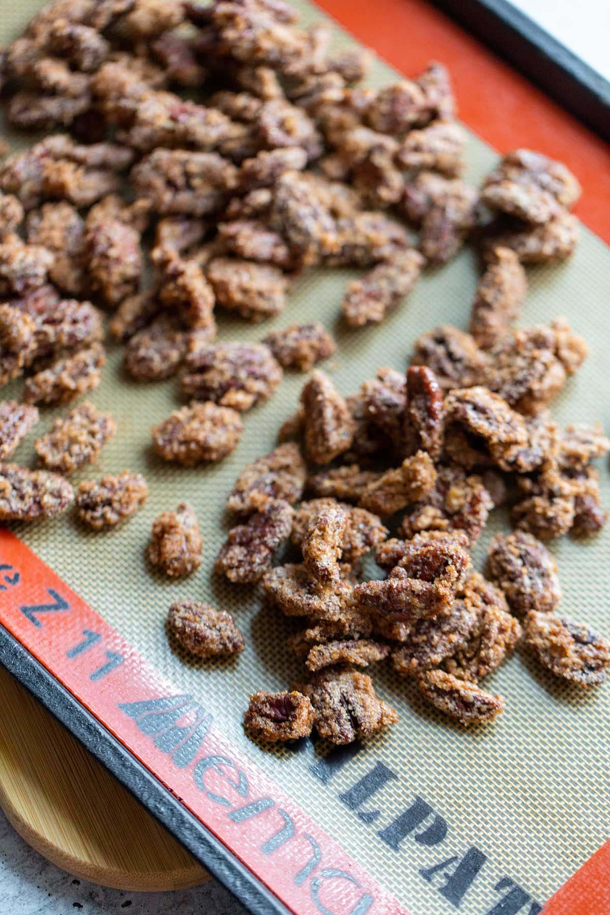 Candied pecans on a silpat mat.