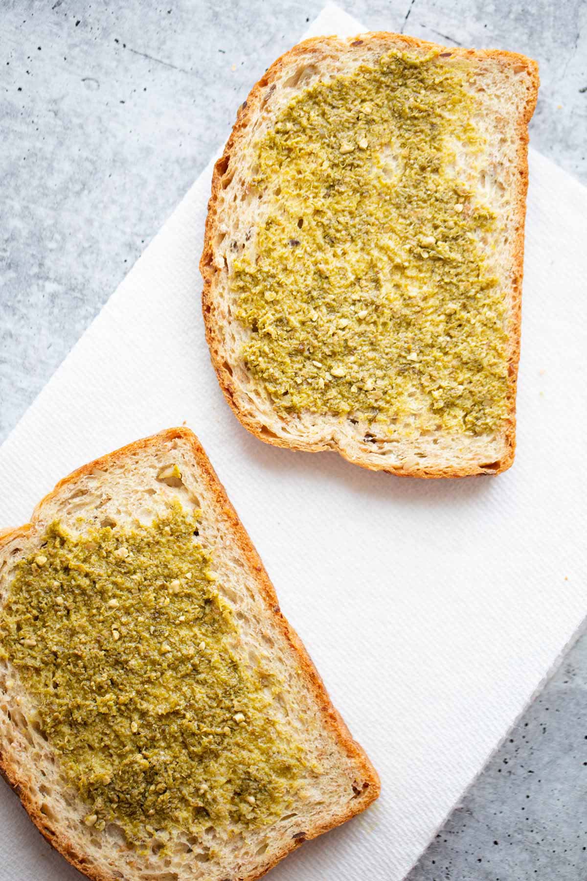 Pesto on bread.