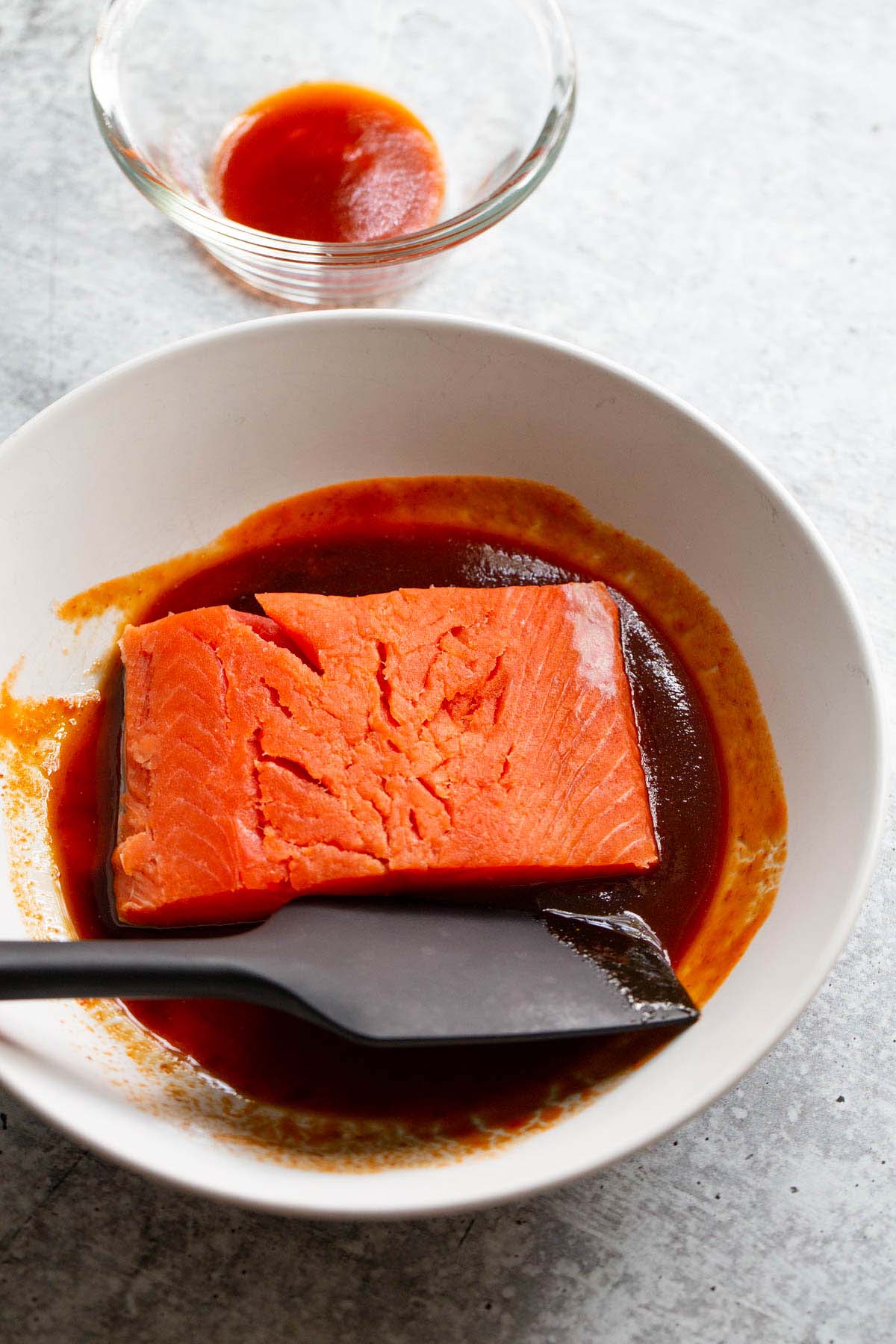 Salmon in sriracha sauce.