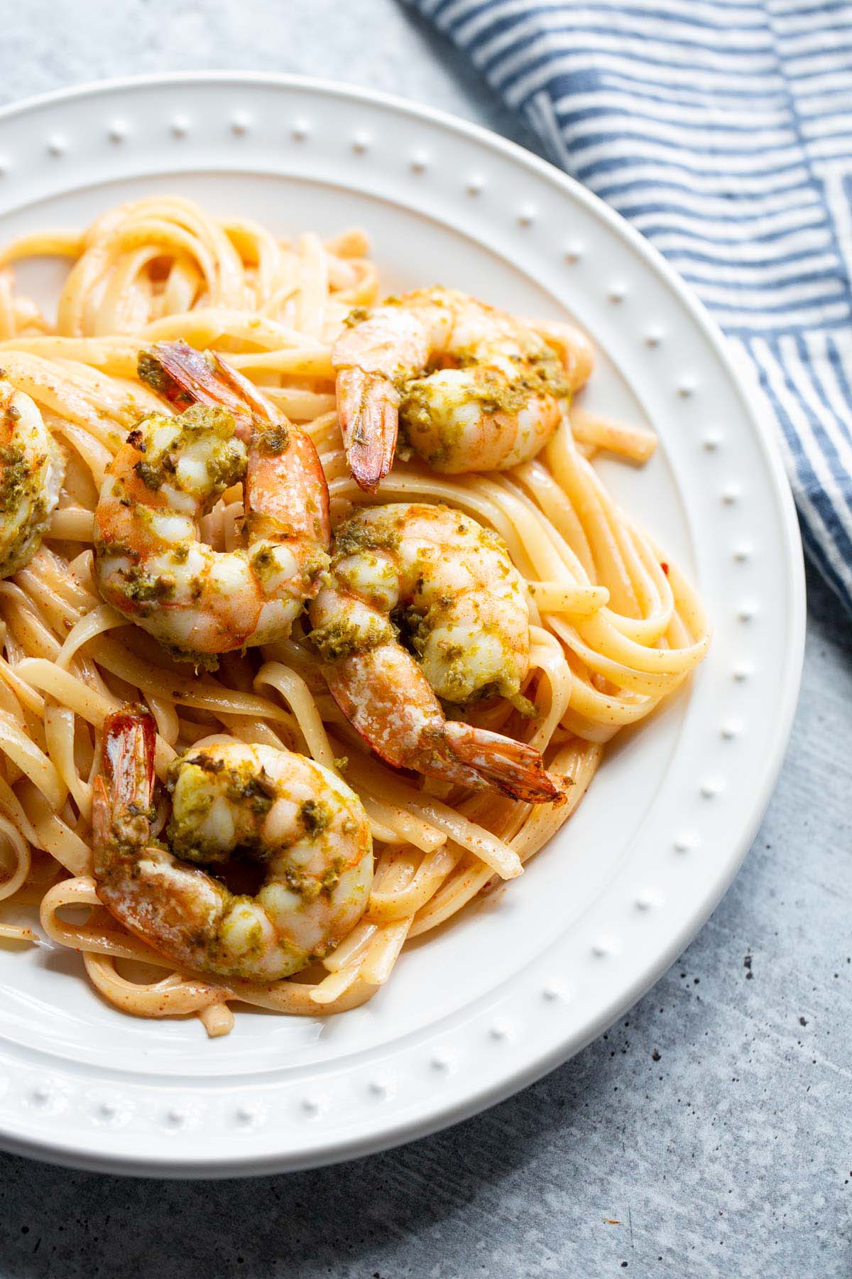Pesto shrimp with pasta.
