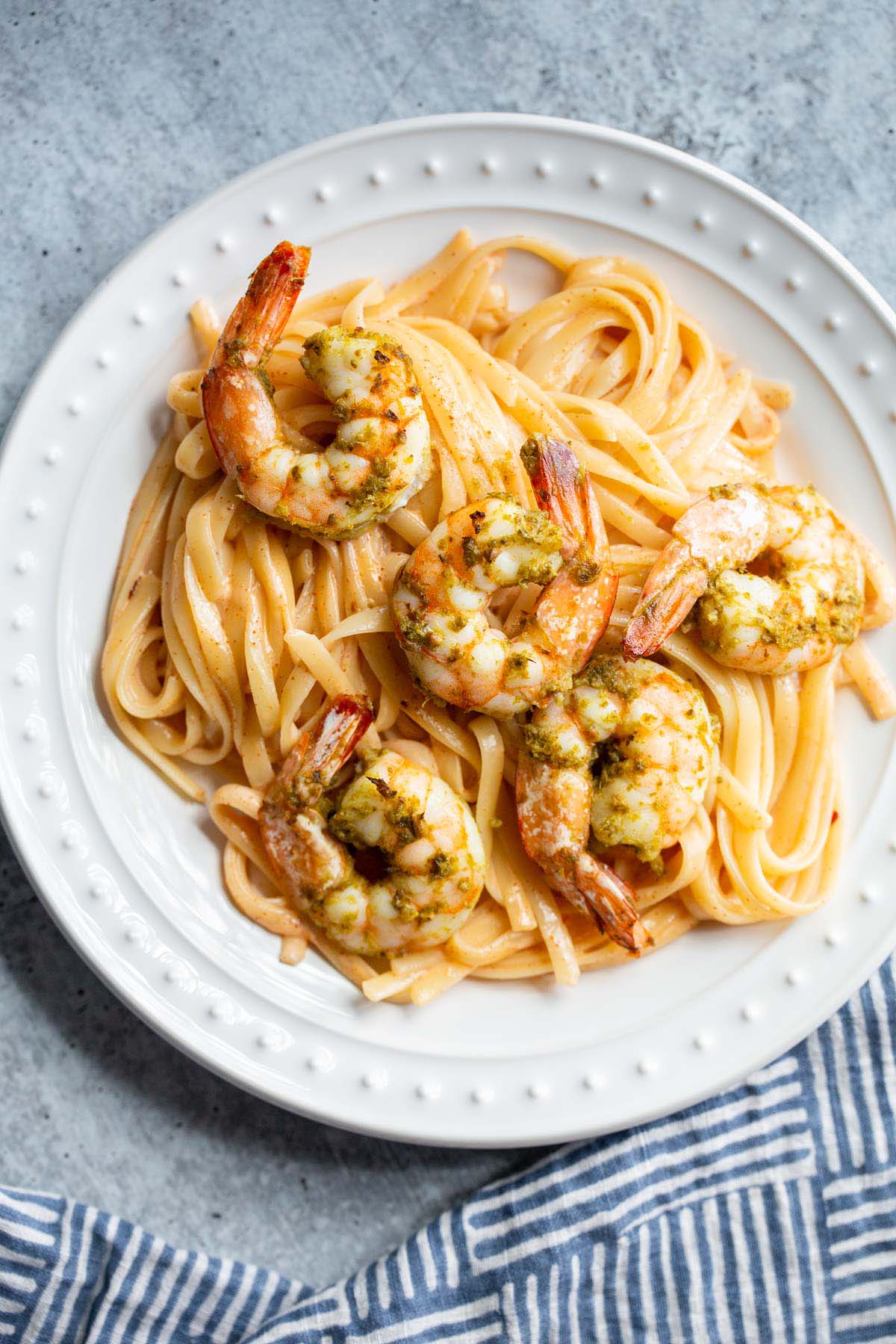 Pesto shrimp with pasta.