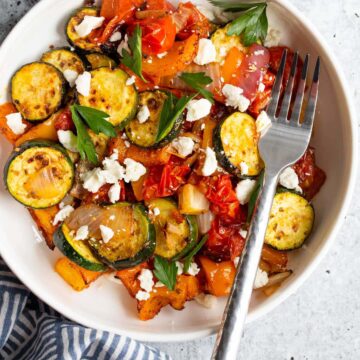 Air fried mediterranean vegetables with feta and parsley.