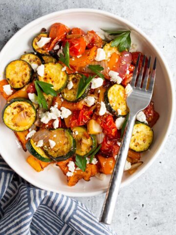 Air fried mediterranean vegetables with feta and parsley.