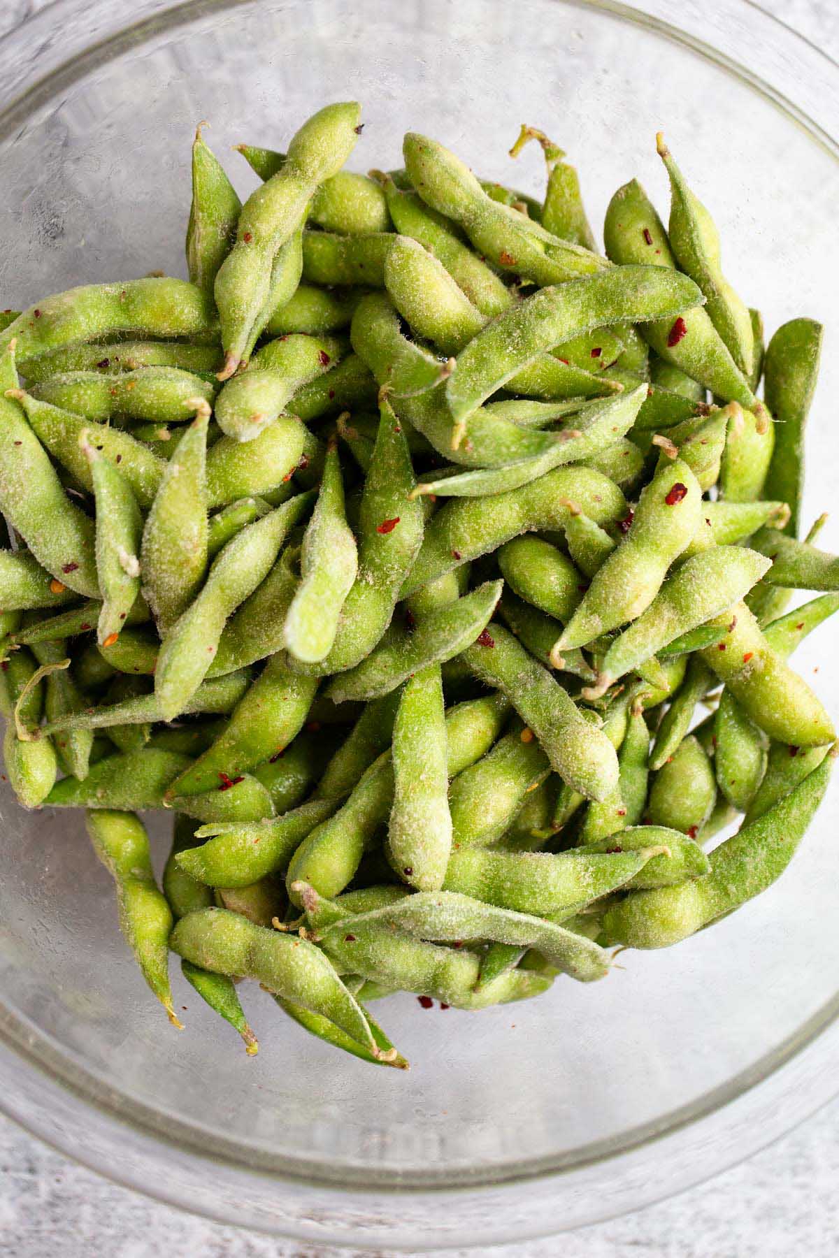 Frozen edamame in a bowl.