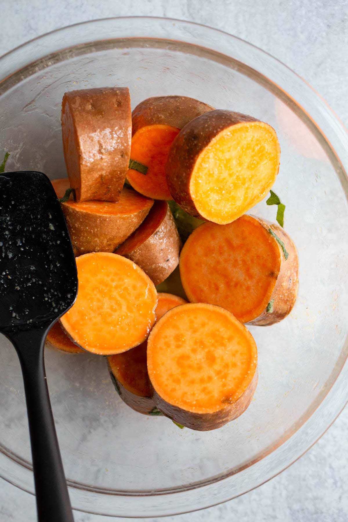 Sweet potato rounds in a bowl.