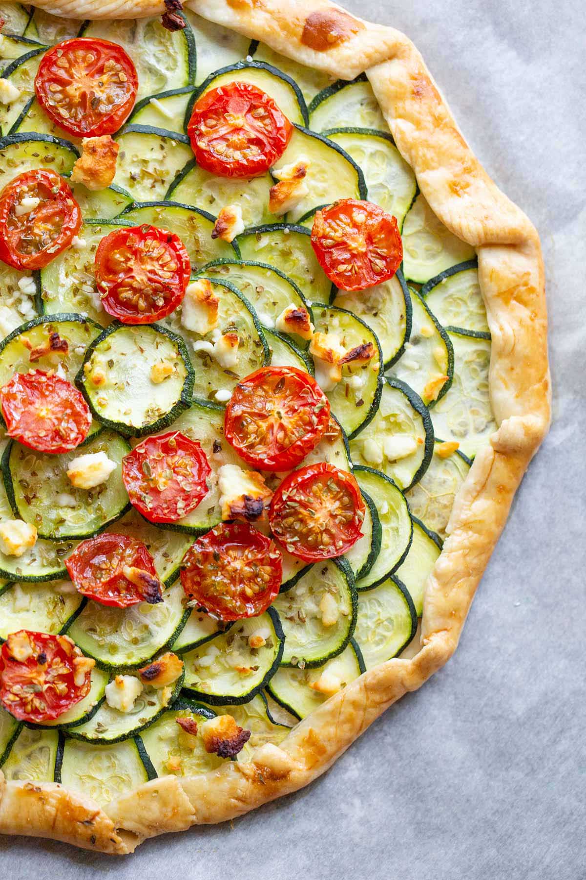 zucchini galette with tomatoes and feta