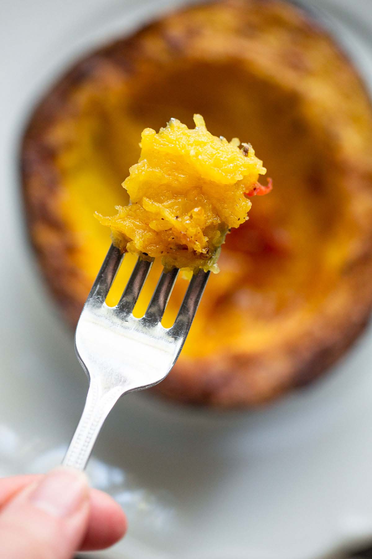 Cooked acorn squash on a fork