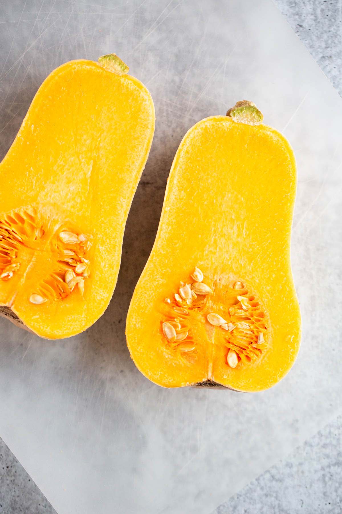 Two halves of butternut squash.