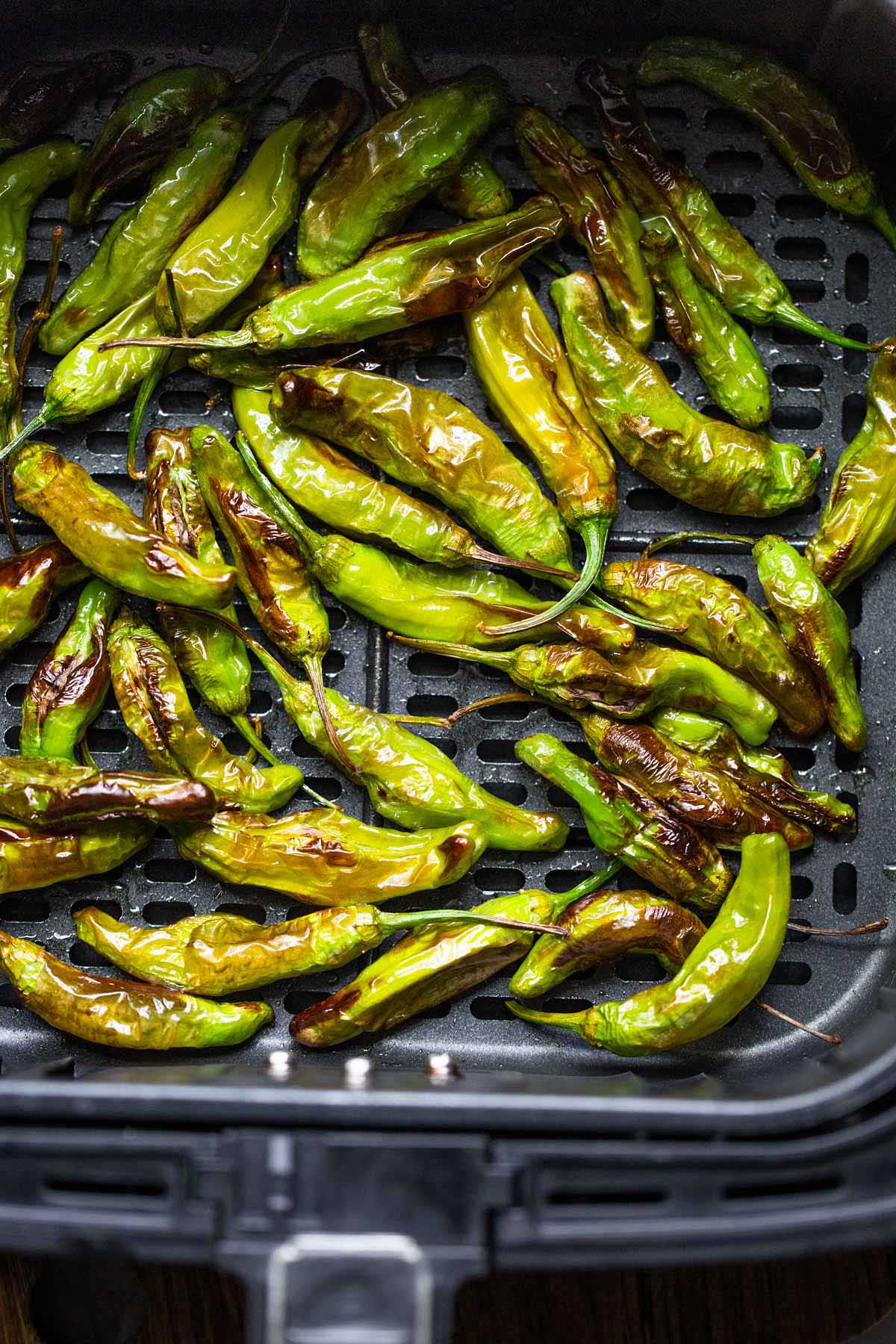 Air fried shishito peppers in air fryer basket.