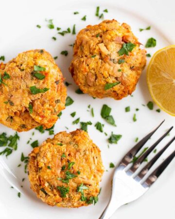 Air fryer tuna patties on a plate with a fork.