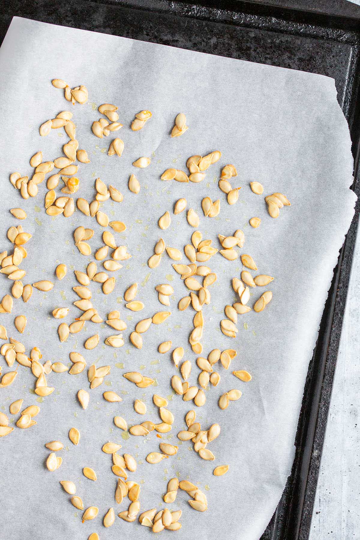 Squash seeds on a cooking sheet