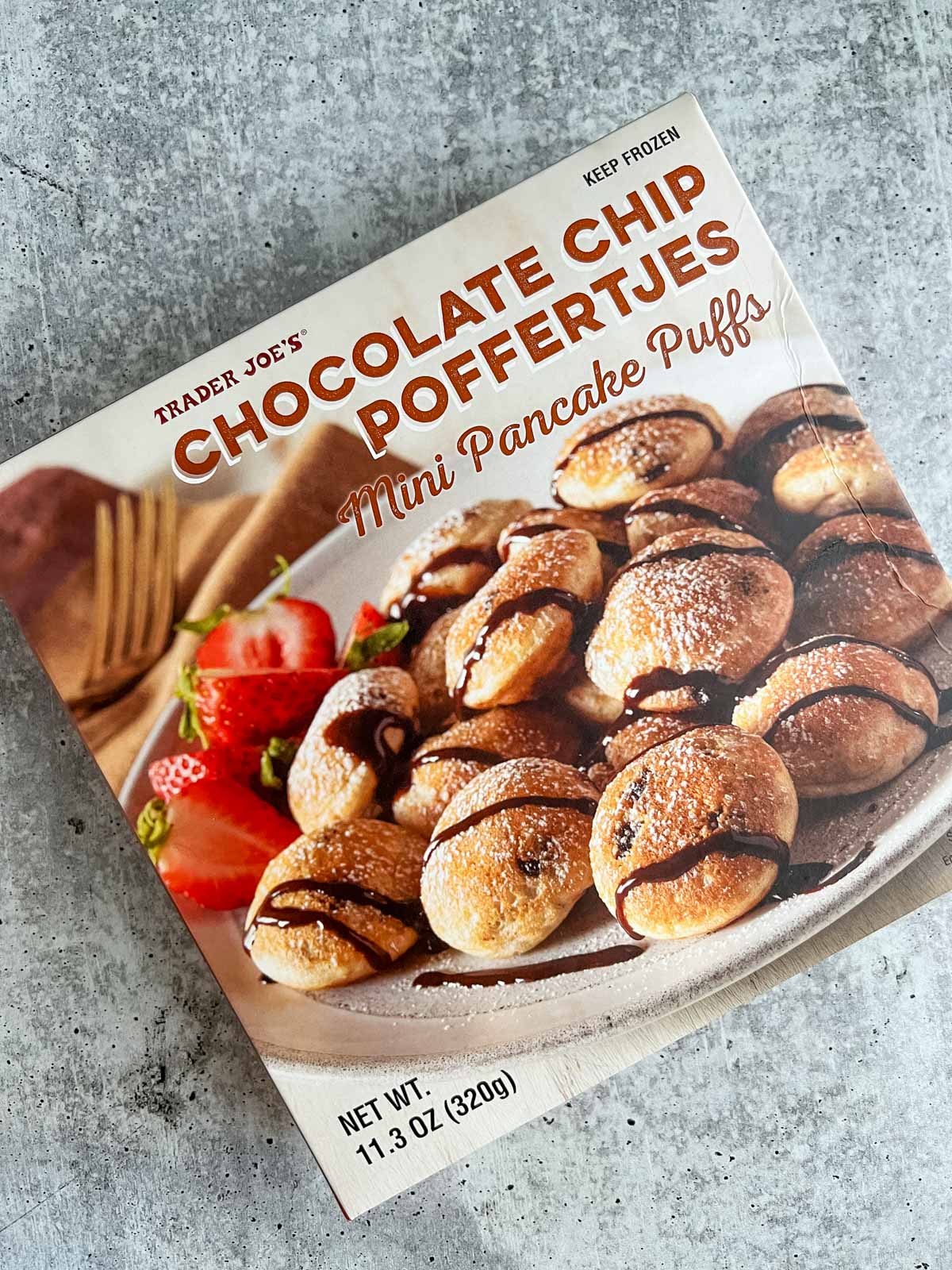 Box of Trader Joe's chocolate chip pancake puffs