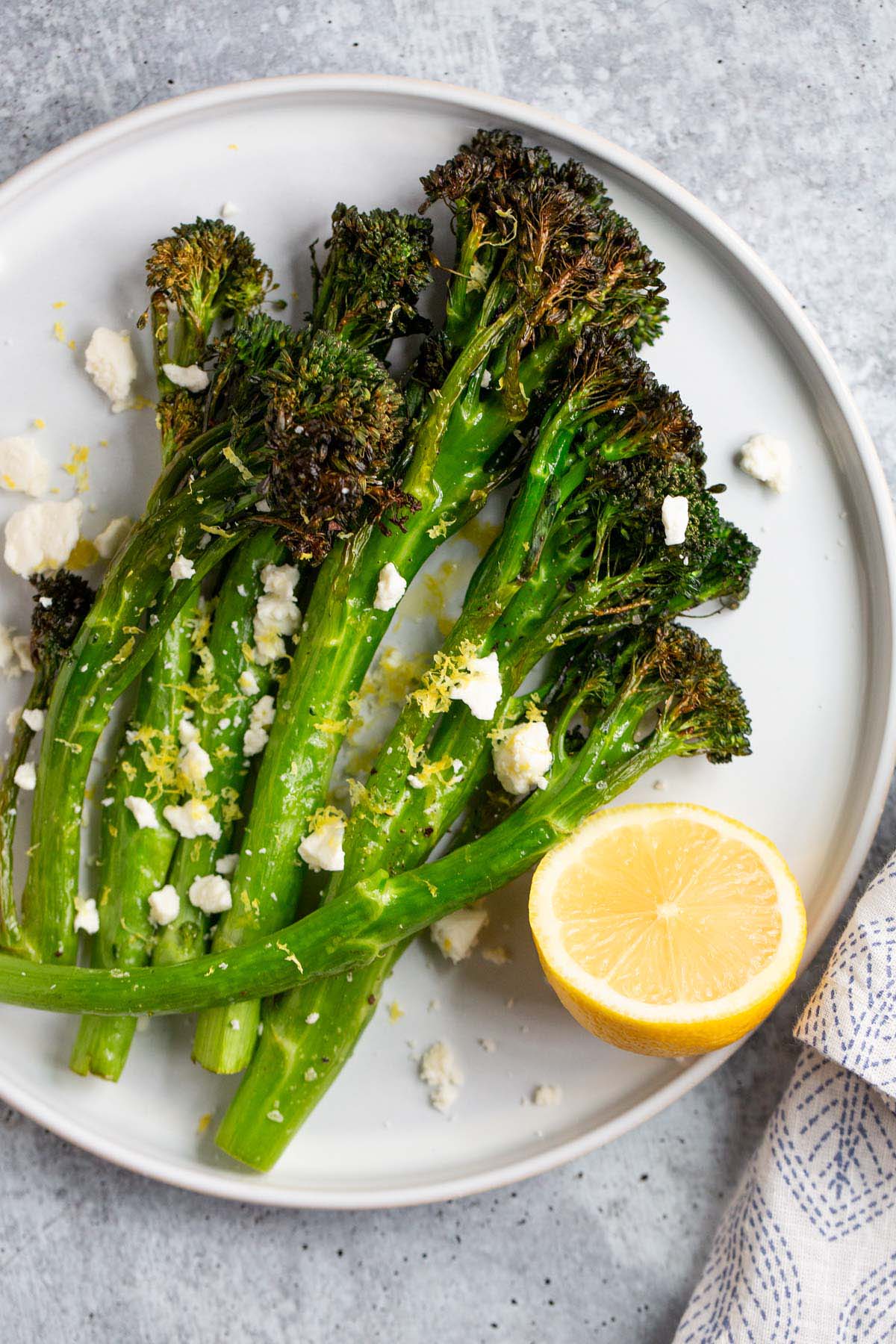 Air fried broccolini with feta and lemon.