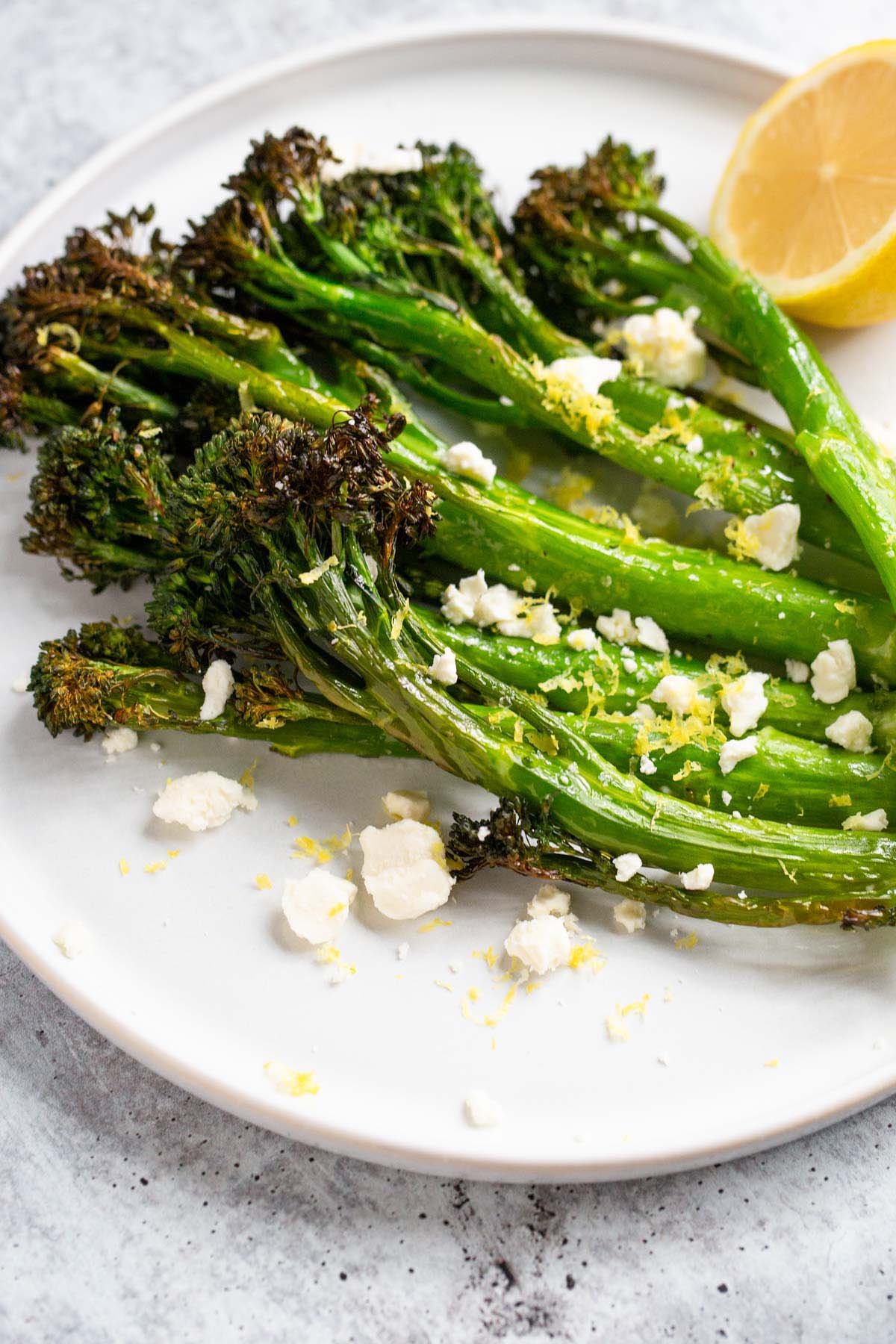 Air fried broccolini with feta and lemon.