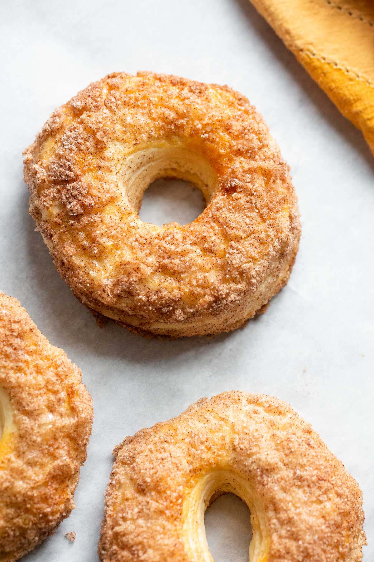 Cinnamon sugar donuts up close.