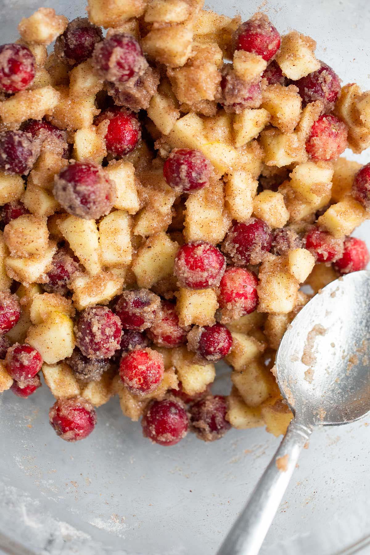 Creating the apple cranberry mixture in a large bowl.