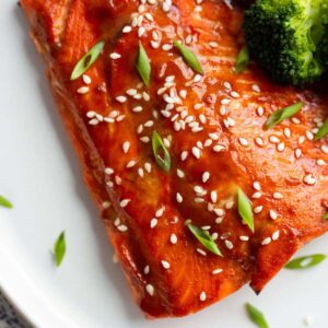 Air fryer miso salmon topped with sesame seeds.