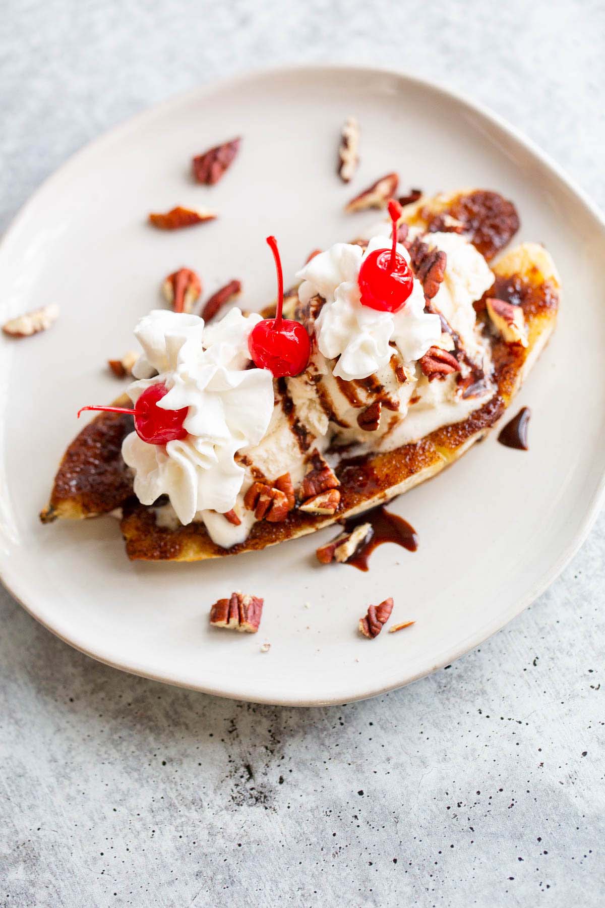 Air fryer banana split from above.