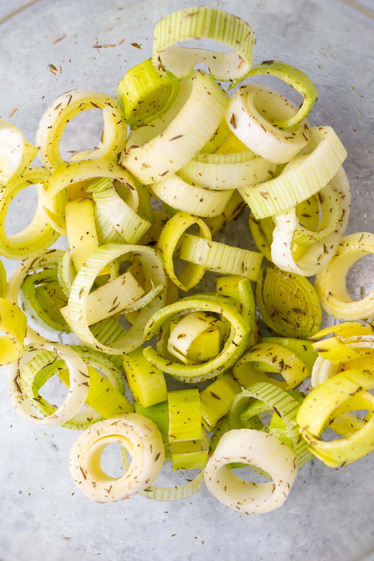 Leeks tossed with oil and herbs.