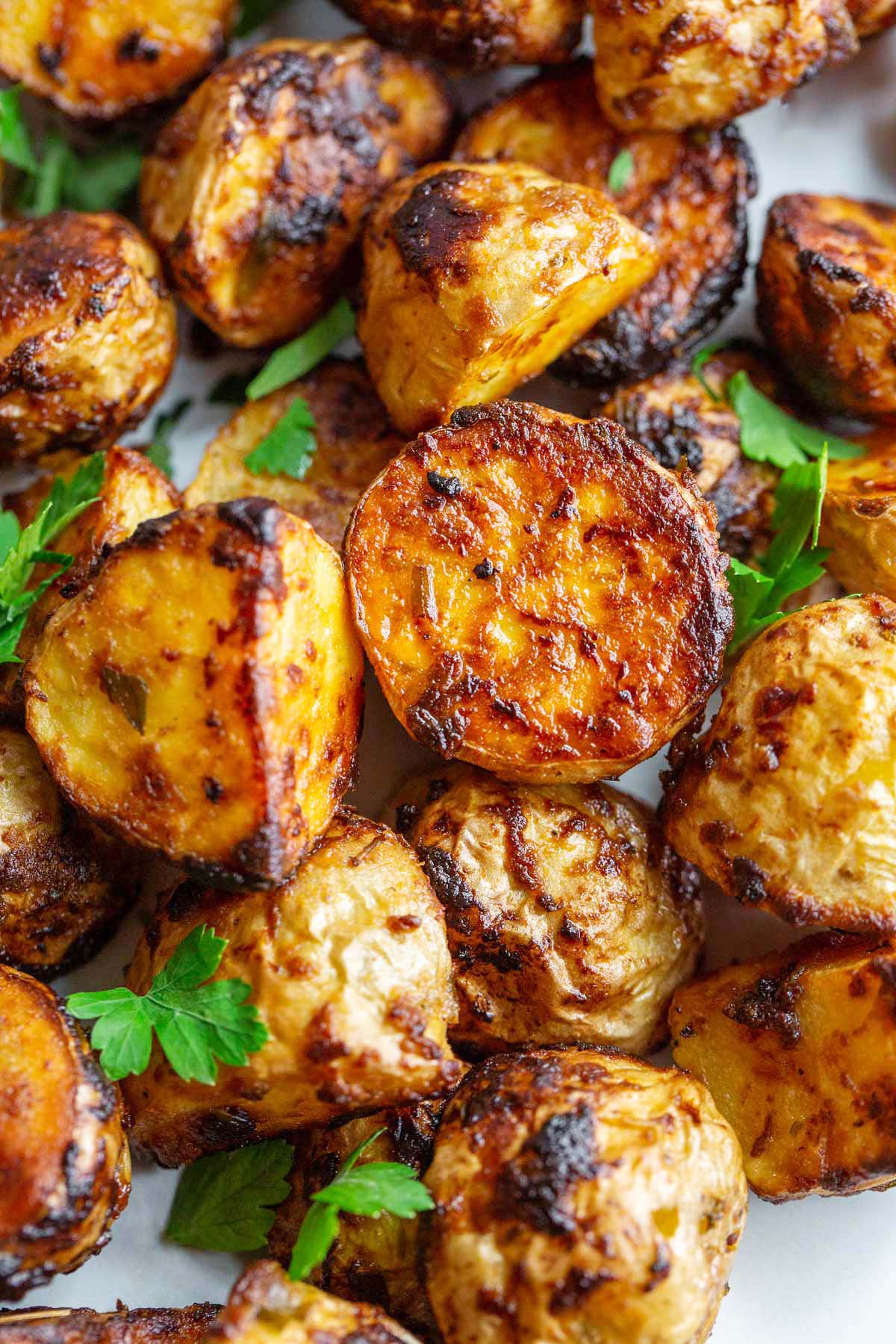 Roasted honey dijon potatoes with parsley.