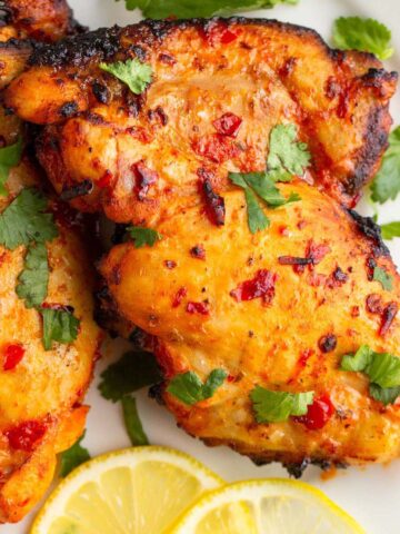 Harissa chicken topped with cilantro.