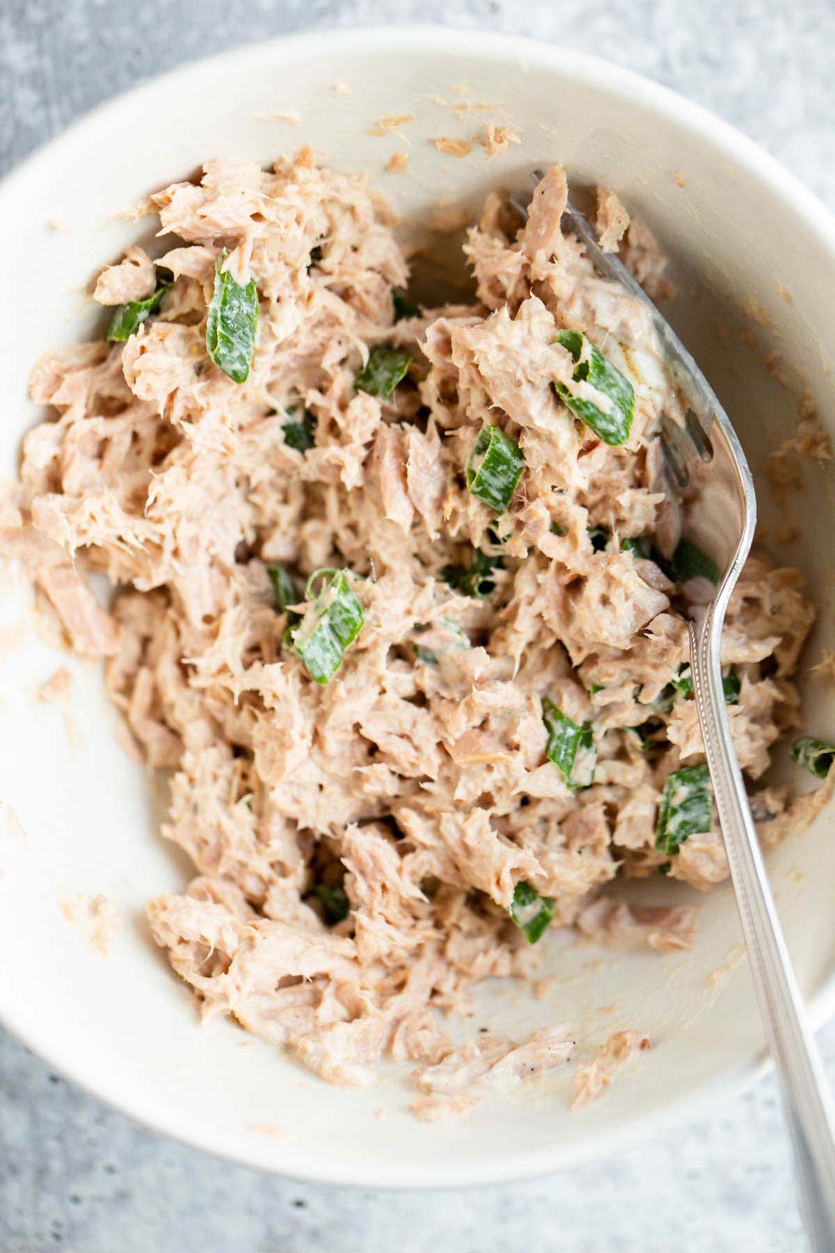 Mixing together tuna, mayo, and green onions.