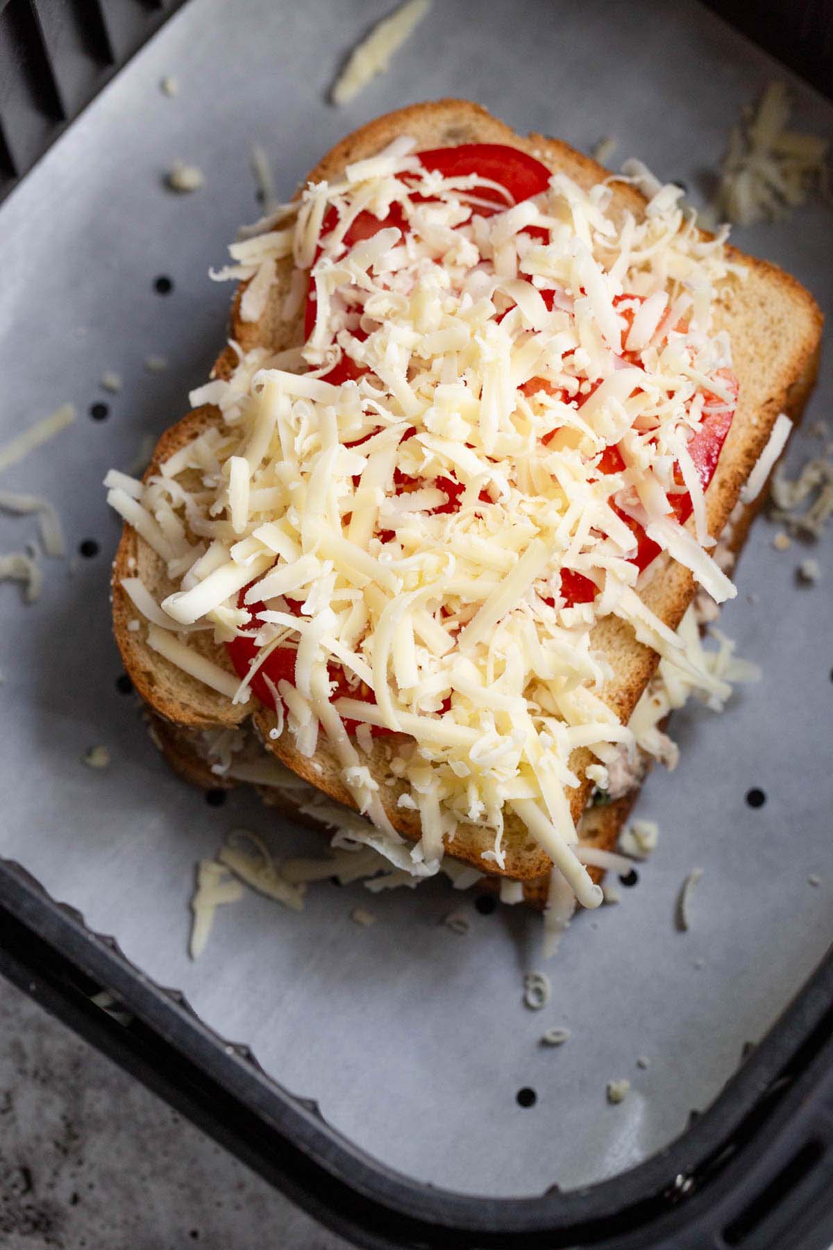 Uncooked tuna melt in air fryer.